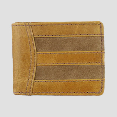 The rustic wallet in tan with contrasting tan suede panels features the embossed Grays logo inside with note sleeve and card slots presented in a dust bag.
