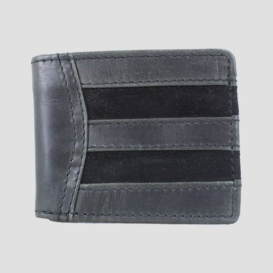 Wallet in black buffalo leather and suede features a note sleeve and card slots and is embossed inside with the Grays logo comes in a dust bag.