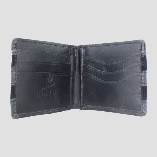A rustic black and suede leather wallet with note sleeve and card slots with the Grays logo embossed inside.