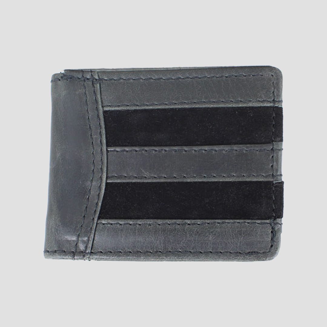 Wallet in black buffalo leather with contrasting suede panels features an embossed Grays logo inside with card slots and note sleeve also comes in a dust bag.
