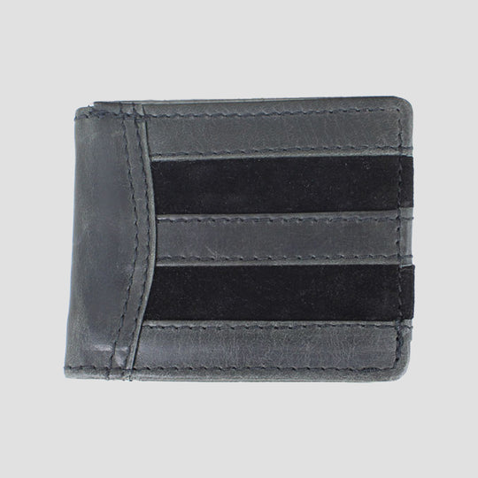 Wallet in black buffalo leather with contrasting suede panels features an embossed Grays logo inside with card slots and note sleeve also comes in a dust bag.