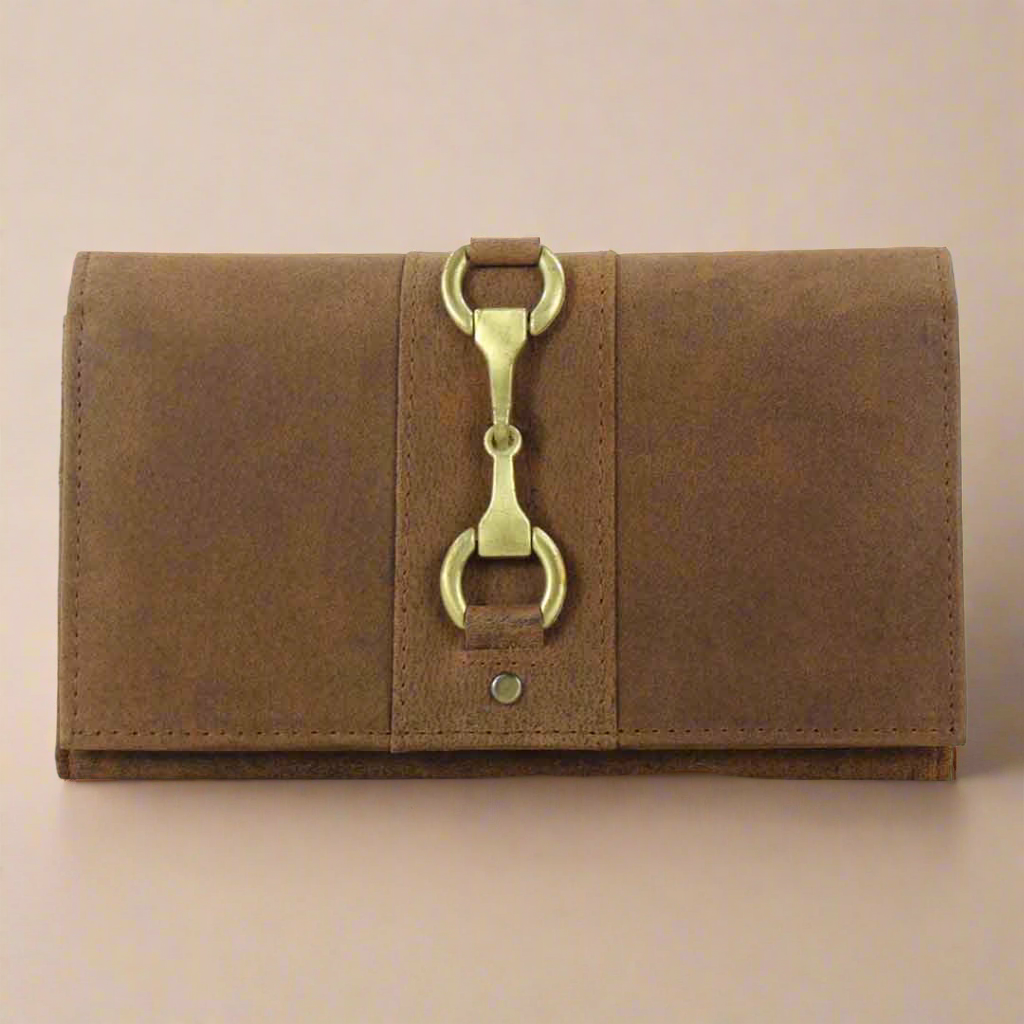 Brown leather wallet with gold clasp on a light gray background