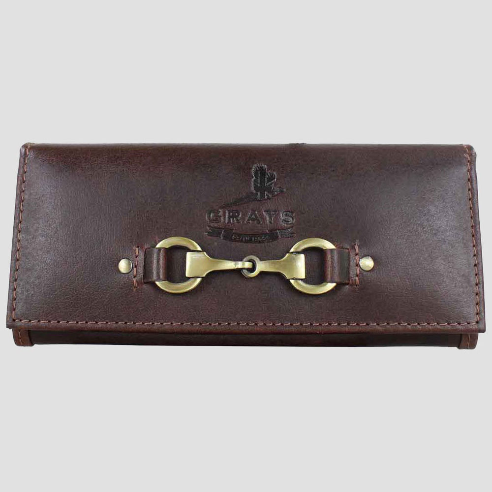 Brown leather wallet with gold buckle on a light gray background