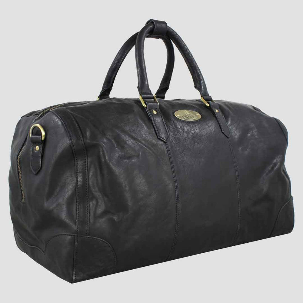 Black leather duffel bag on a light gray background