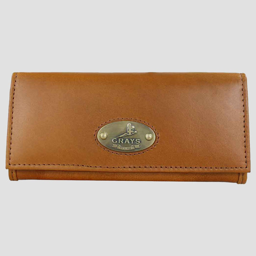 Brown leather wallet with a brand logo on a light gray background