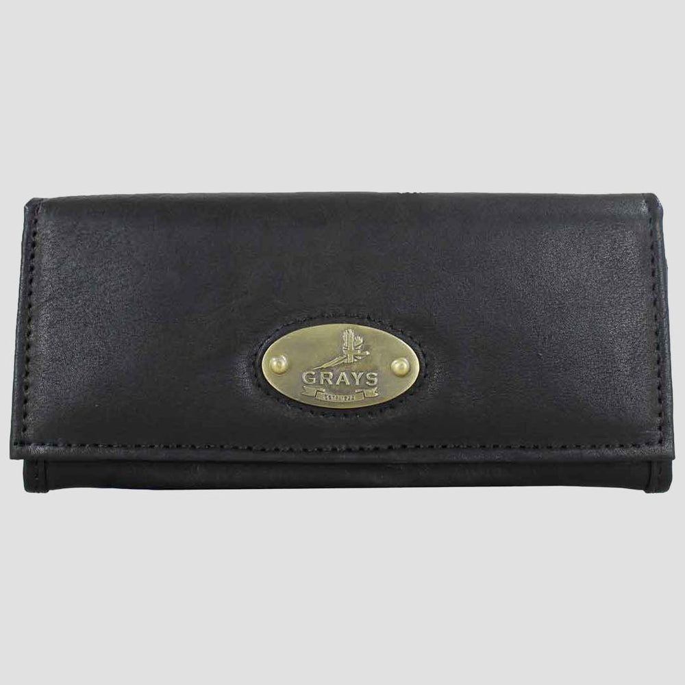 Black leather wallet with a gold emblem on a light gray background