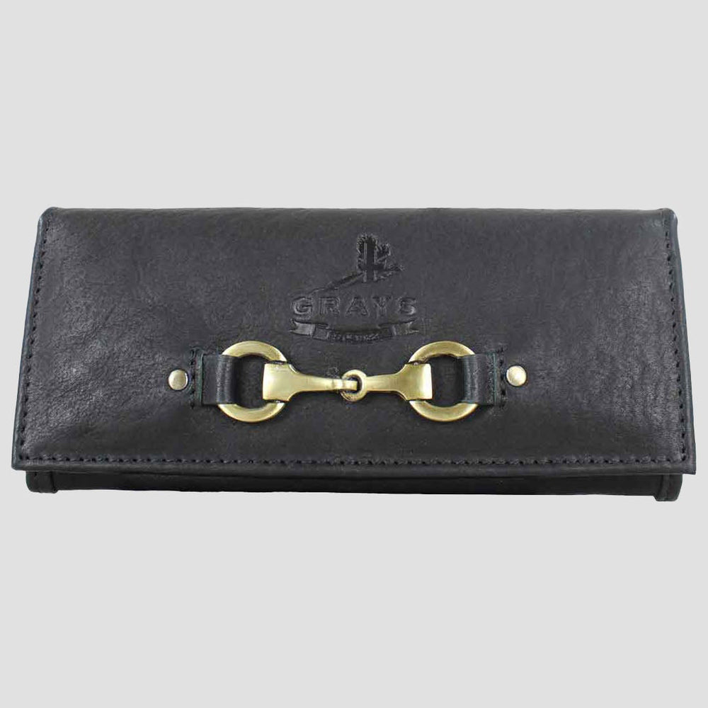 Black leather wallet with gold accents on a light gray background