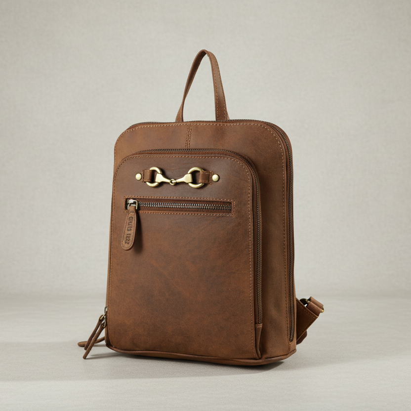 Brown leather backpack on a light gray background