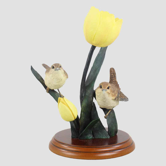 Pair Of Wrens And Tulips Border Fine Arts Birds