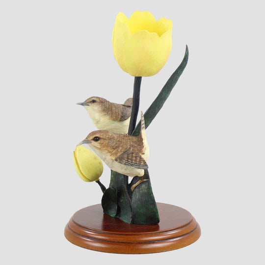 Pair Of Wrens And Tulips Border Fine Arts Birds