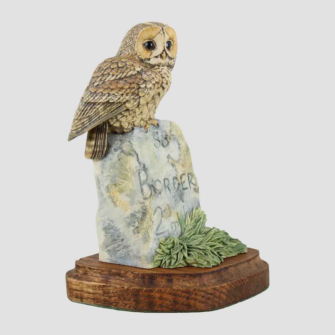 Tawny Owl On Milestone With Plinth Border Fine Arts Birds