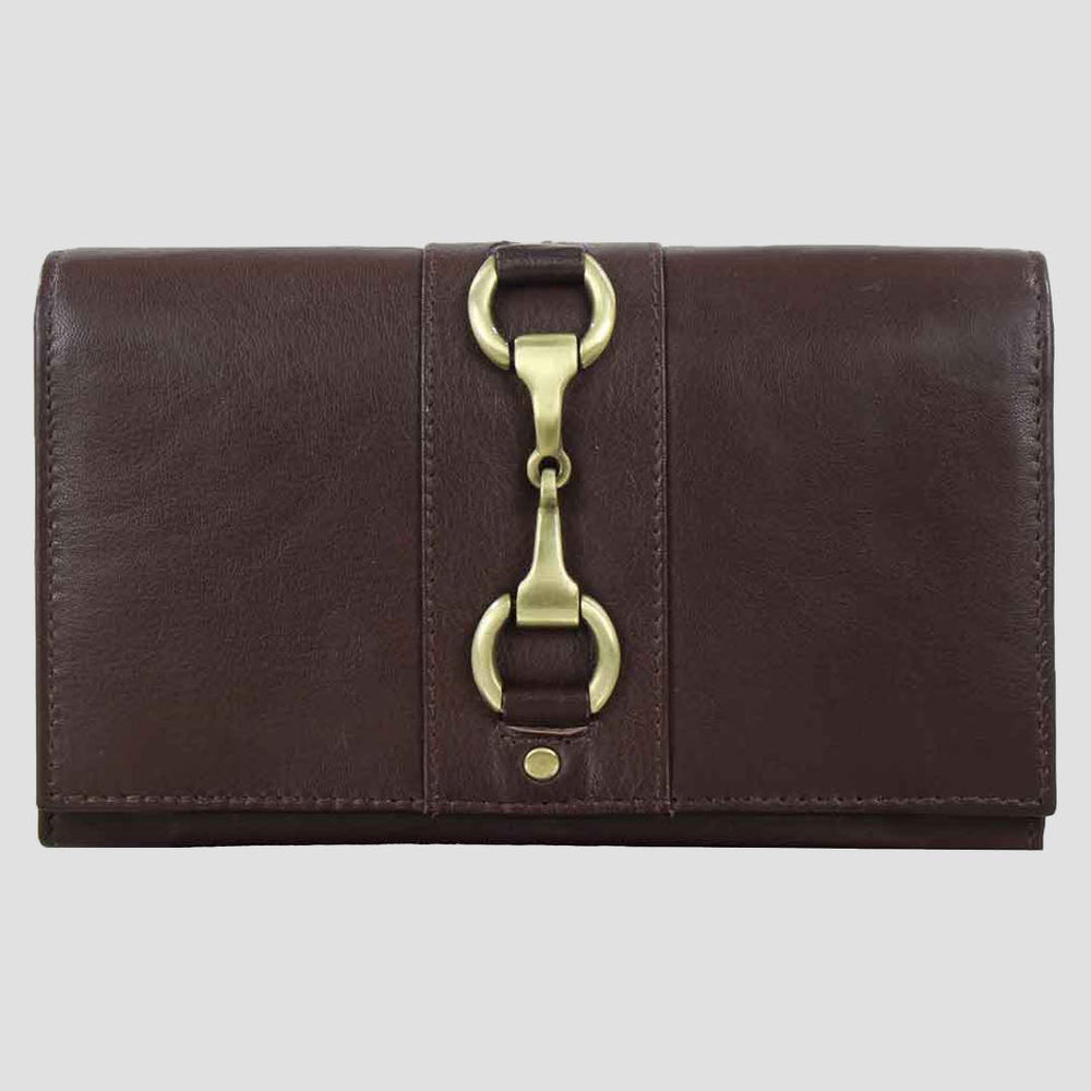 Brown leather wallet with gold hardware on a light gray background