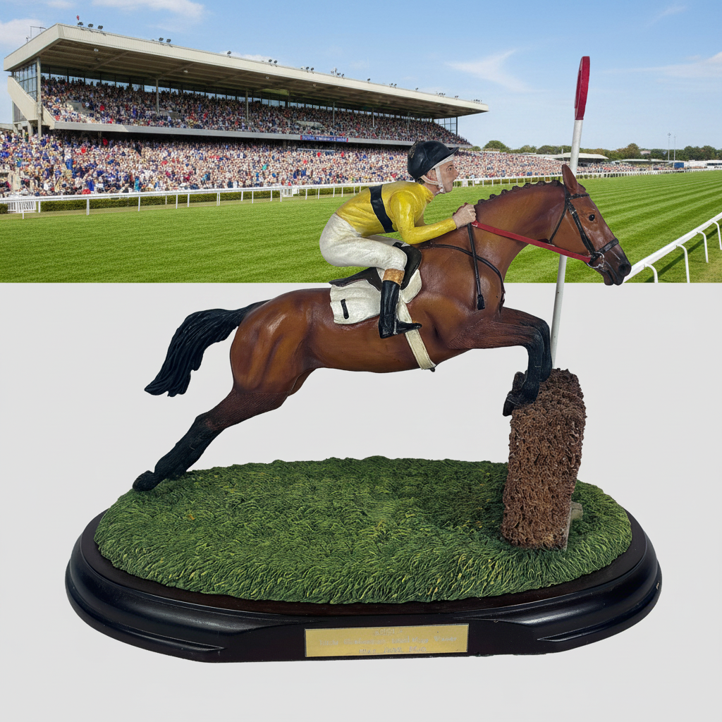 A detailed equestrian figurine depicting a jockey in a yellow and white uniform riding a brown horse over a jump on a textured green grass base, mounted on a black oval wooden plaque.