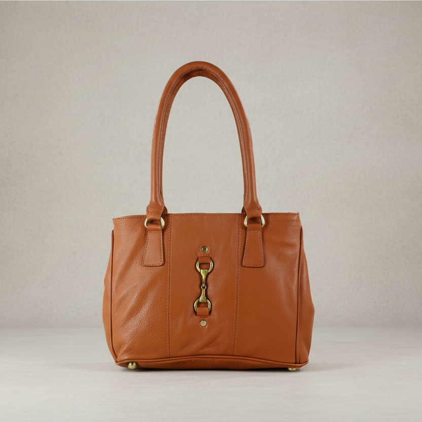 Brown leather handbag with gold accents on a beige background