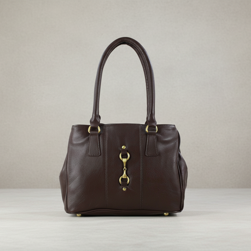 Brown leather handbag with gold hardware on a light gray background