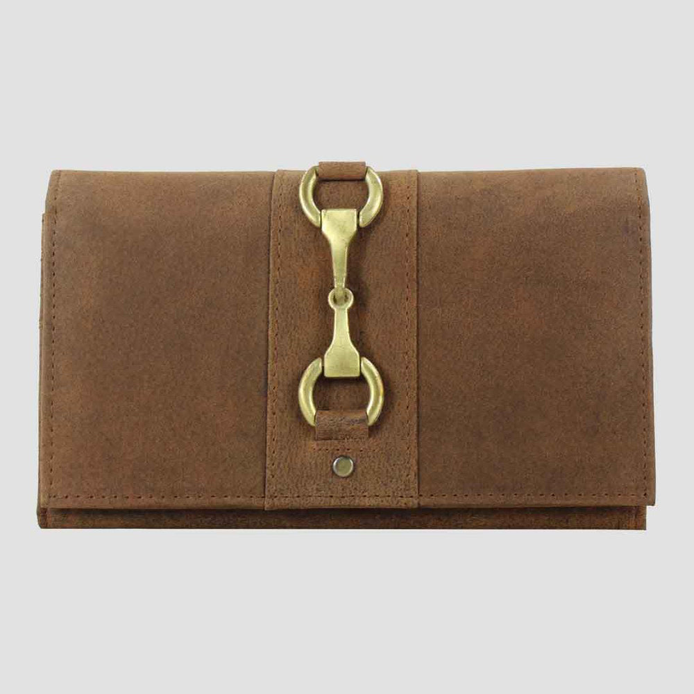 Brown leather wallet with a gold clasp on a light gray background