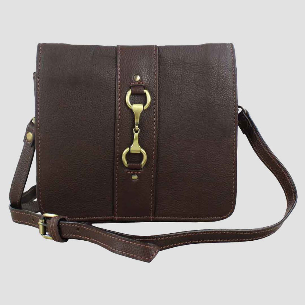 Brown leather handbag with gold clasp on a light gray background