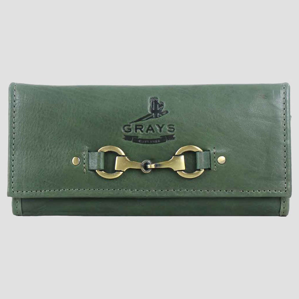 Green leather wallet with gold accents on a light gray background