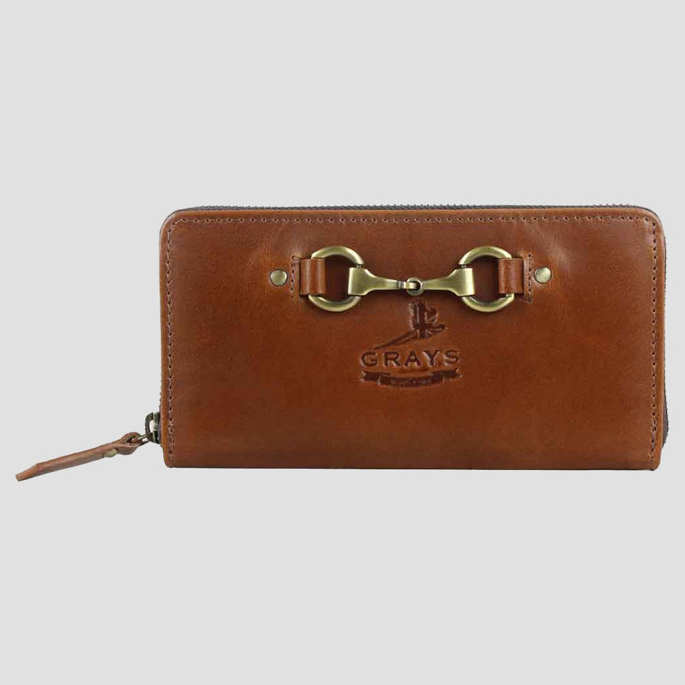 Brown leather wallet with gold clasp on a light gray background