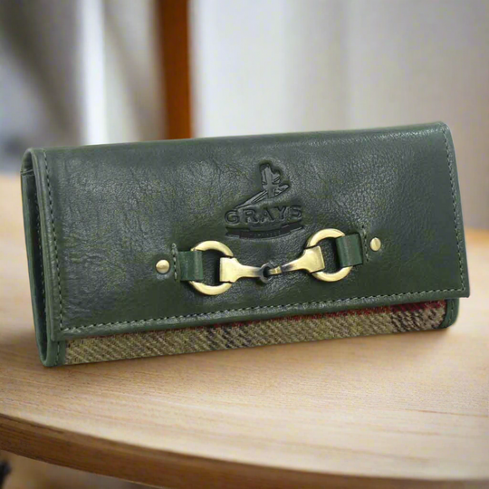 Lily Snaffle Purse in Leather and Tweed Green