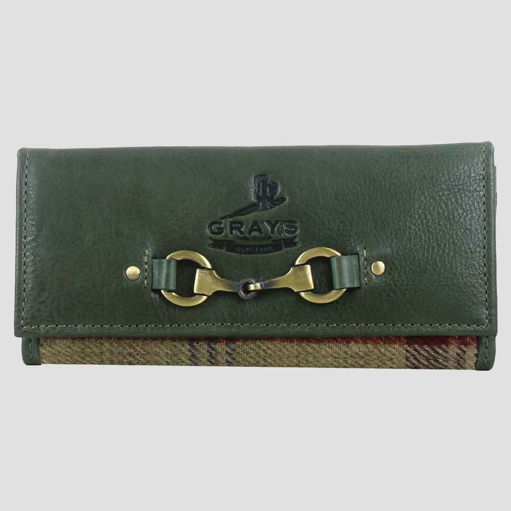 Green wallet with plaid pattern and gold accents on a light gray background