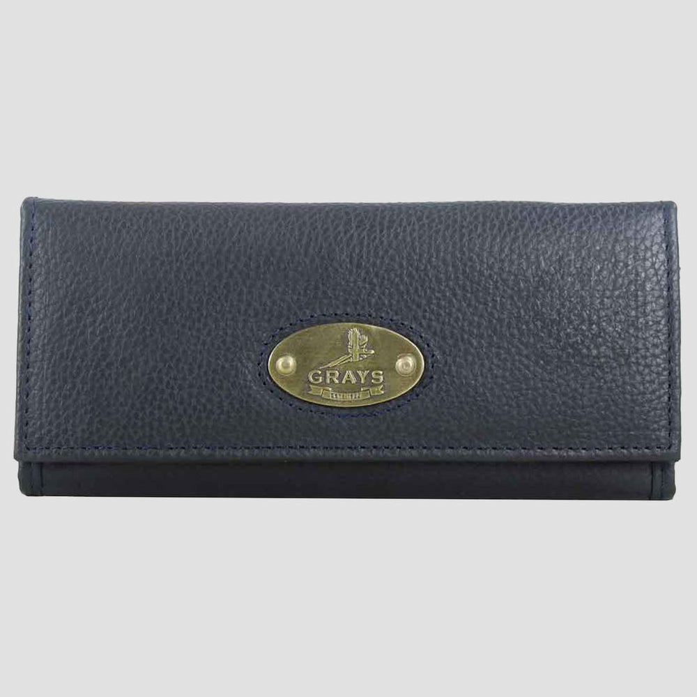 Blue wallet with a gold buckle on a light gray background