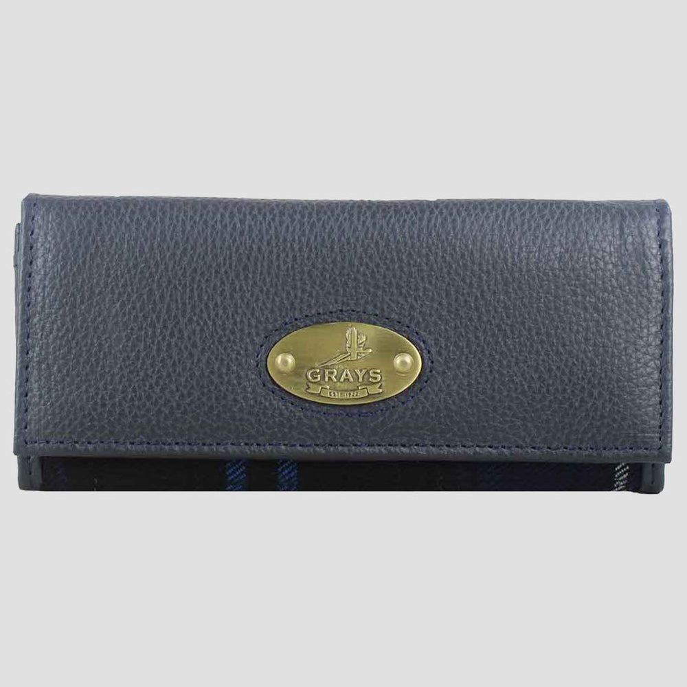 Blue wallet with a gold emblem on a light gray background