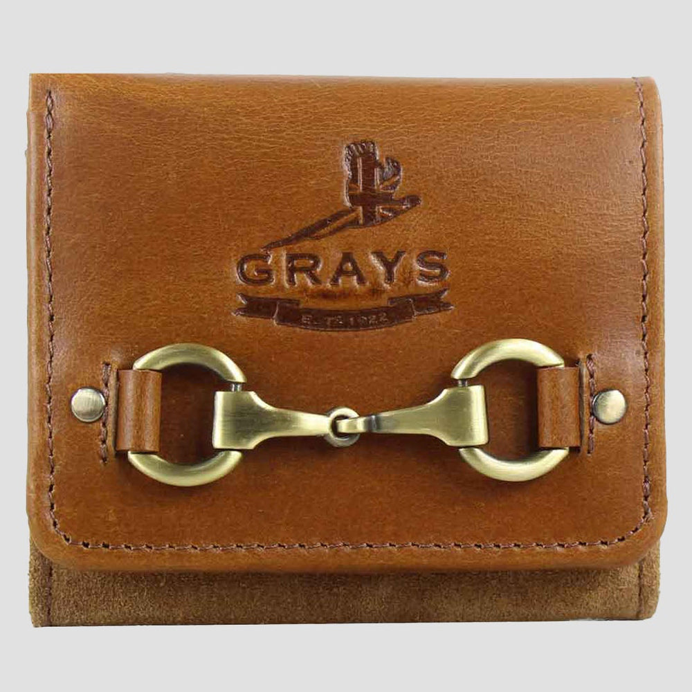 Brown leather wallet with gold buckle and 'Grays' branding on a light gray background