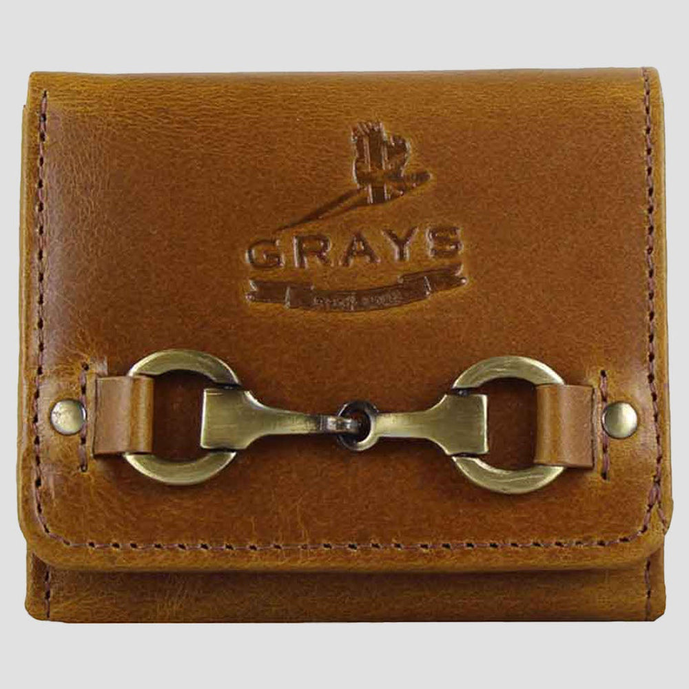 Brown leather wallet with gold accents and 'Grays' logo on a light gray background