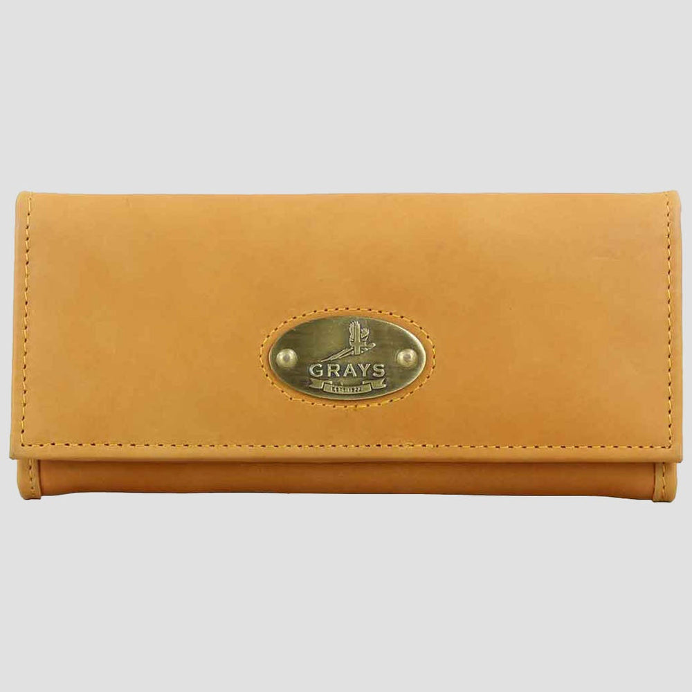 Mustard yellow wallet with a brand logo on a light gray background