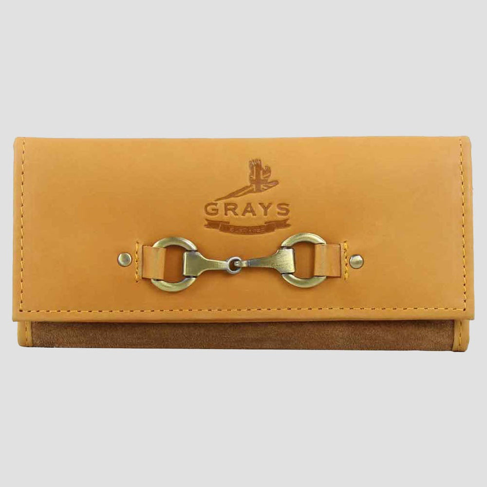 Tan leather wallet with gold accents on a light gray background