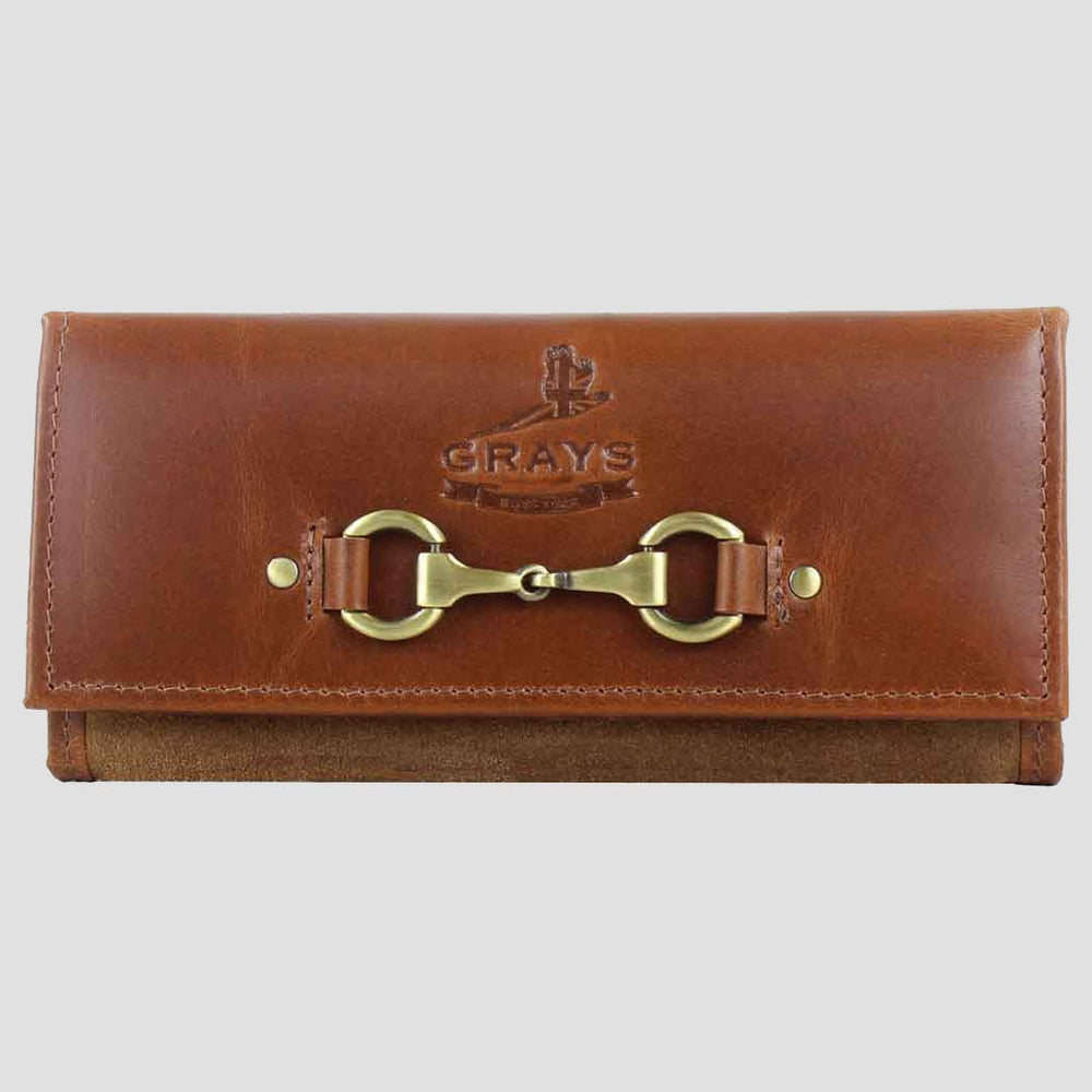 Brown leather wallet with gold clasp on a light gray background