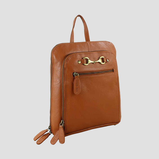 Brown leather backpack with gold accents on a light gray background