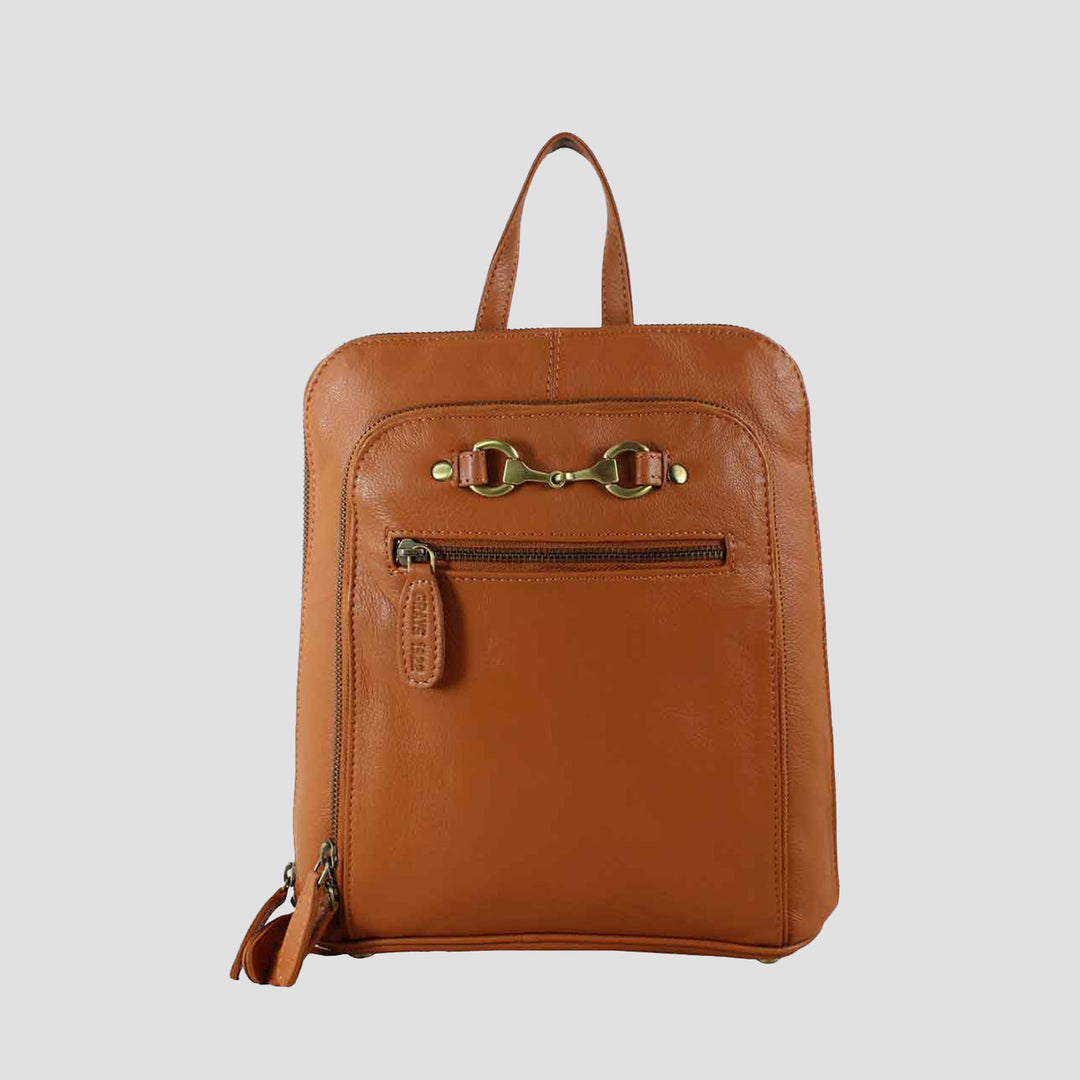 Brown leather backpack with gold zipper pull on a light gray background