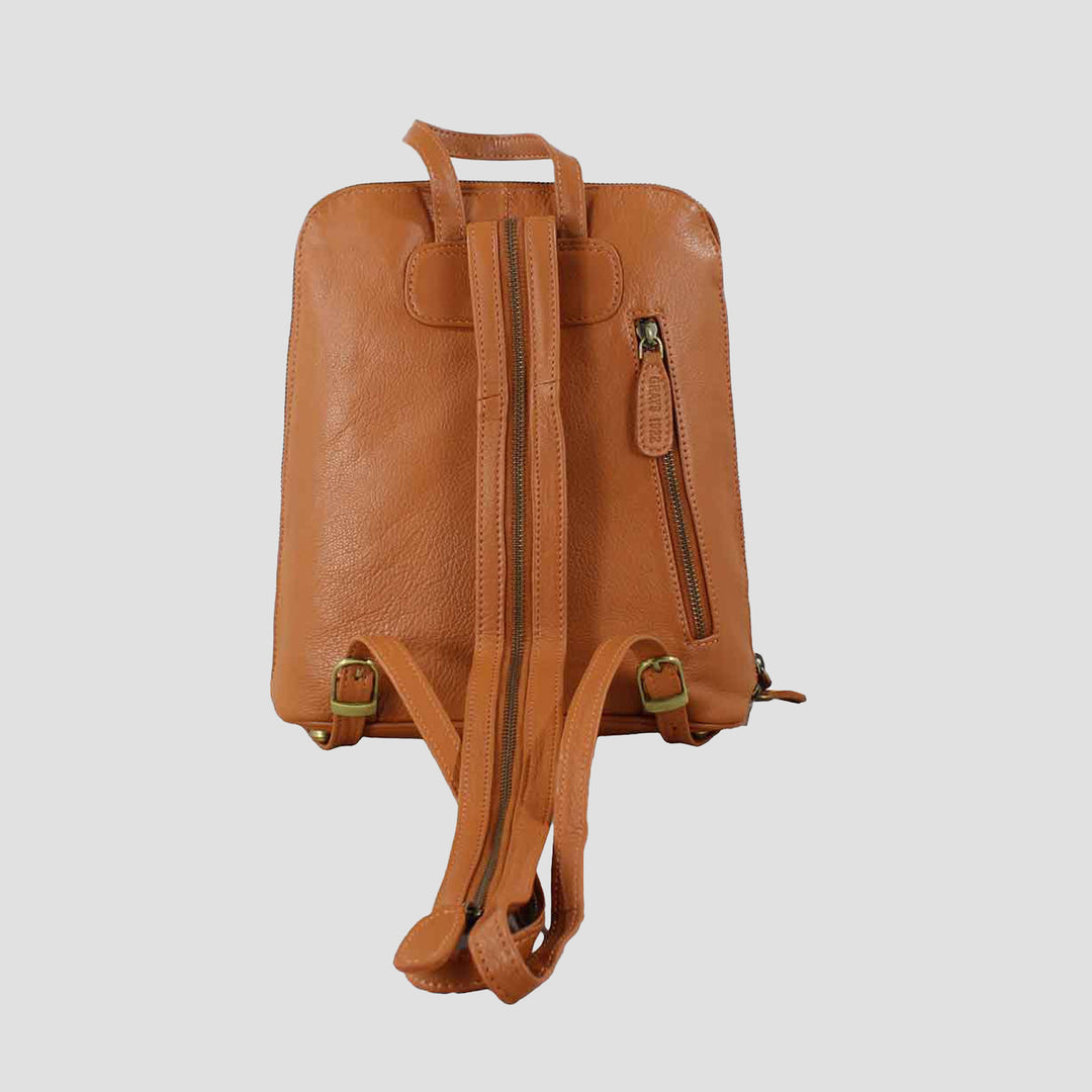 Brown leather backpack on a light gray background