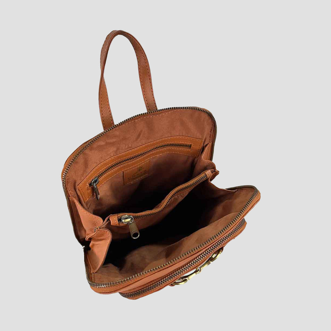 Brown leather bag with open front pocket on a light gray background