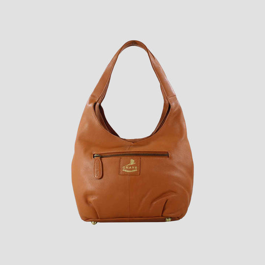 Brown leather handbag with a visible brand logo on a light gray background