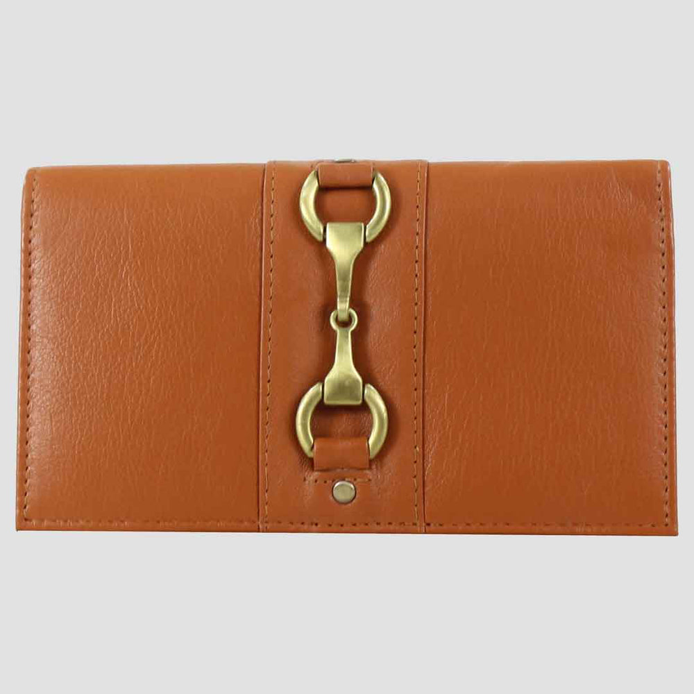 Tan leather wallet with a gold clasp on a light gray background