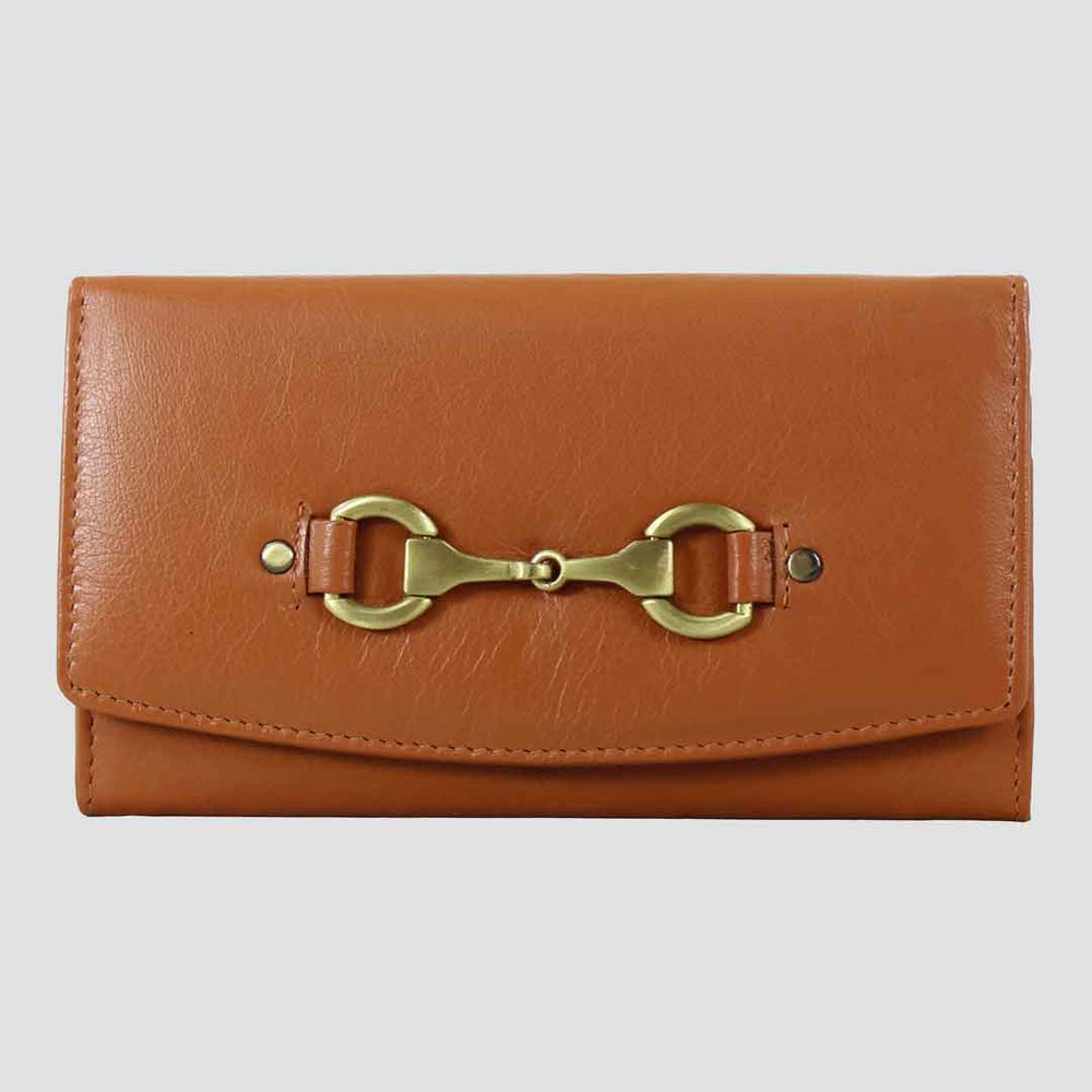 Brown leather wallet with gold clasp on a light gray background