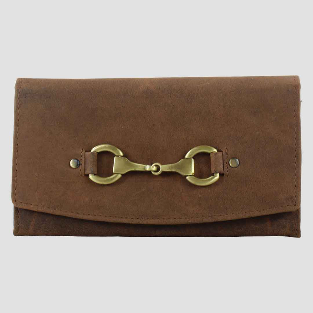 Brown leather clutch with gold horsebit detail on a light gray background