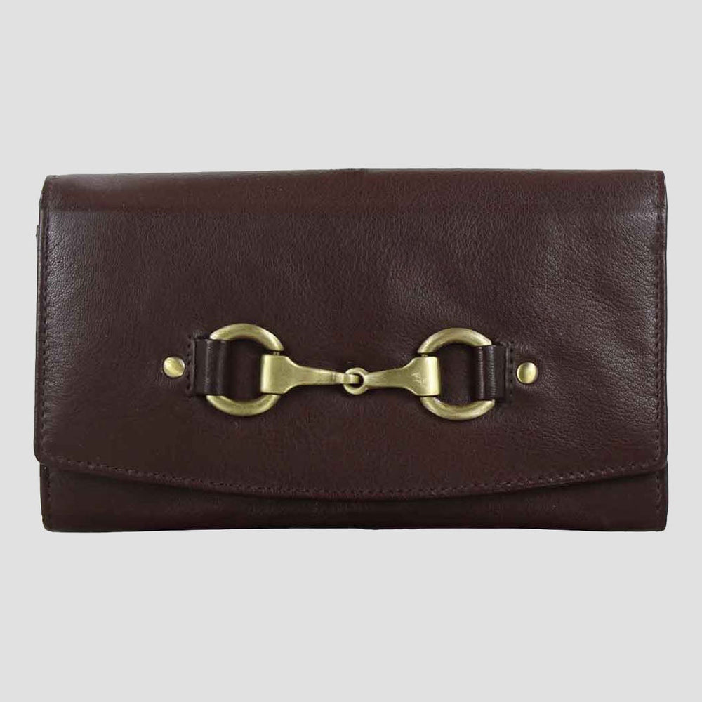 Brown leather wallet with gold horsebit detail on a light gray background