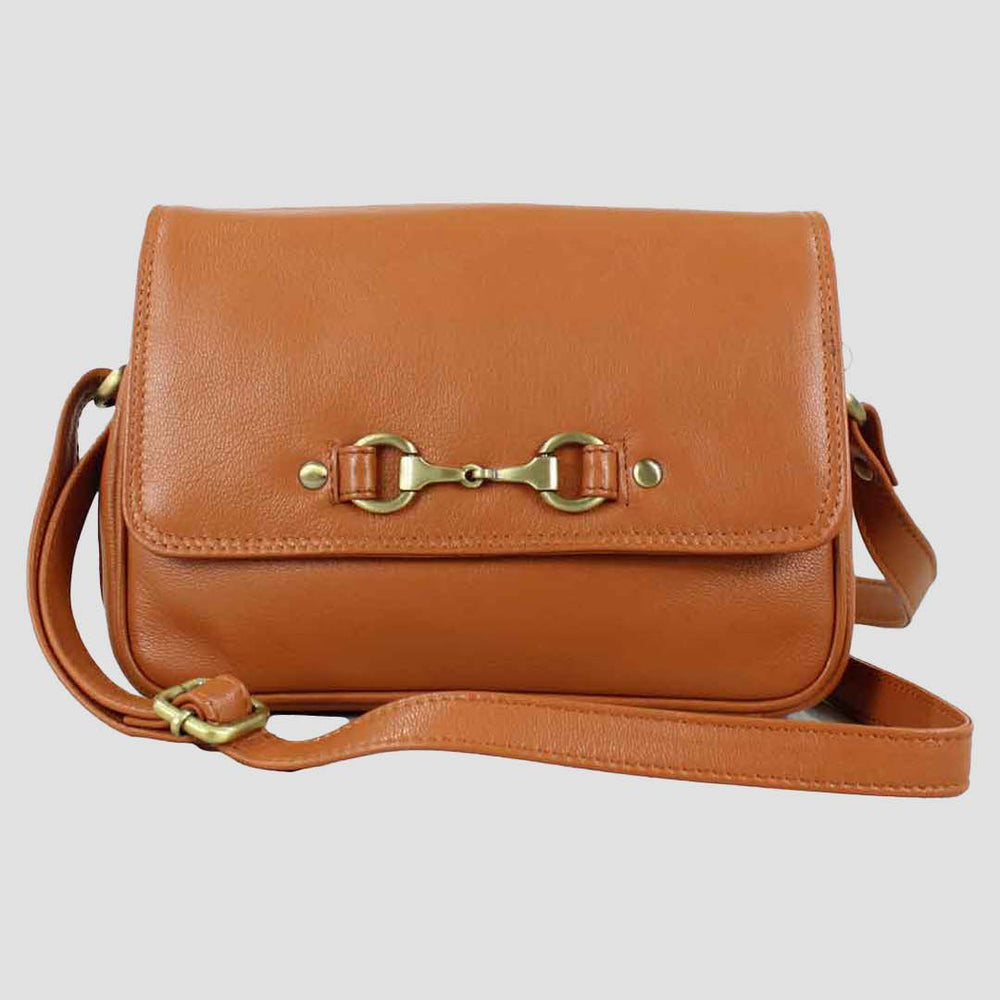 Brown leather crossbody bag with gold accents on a light gray background
