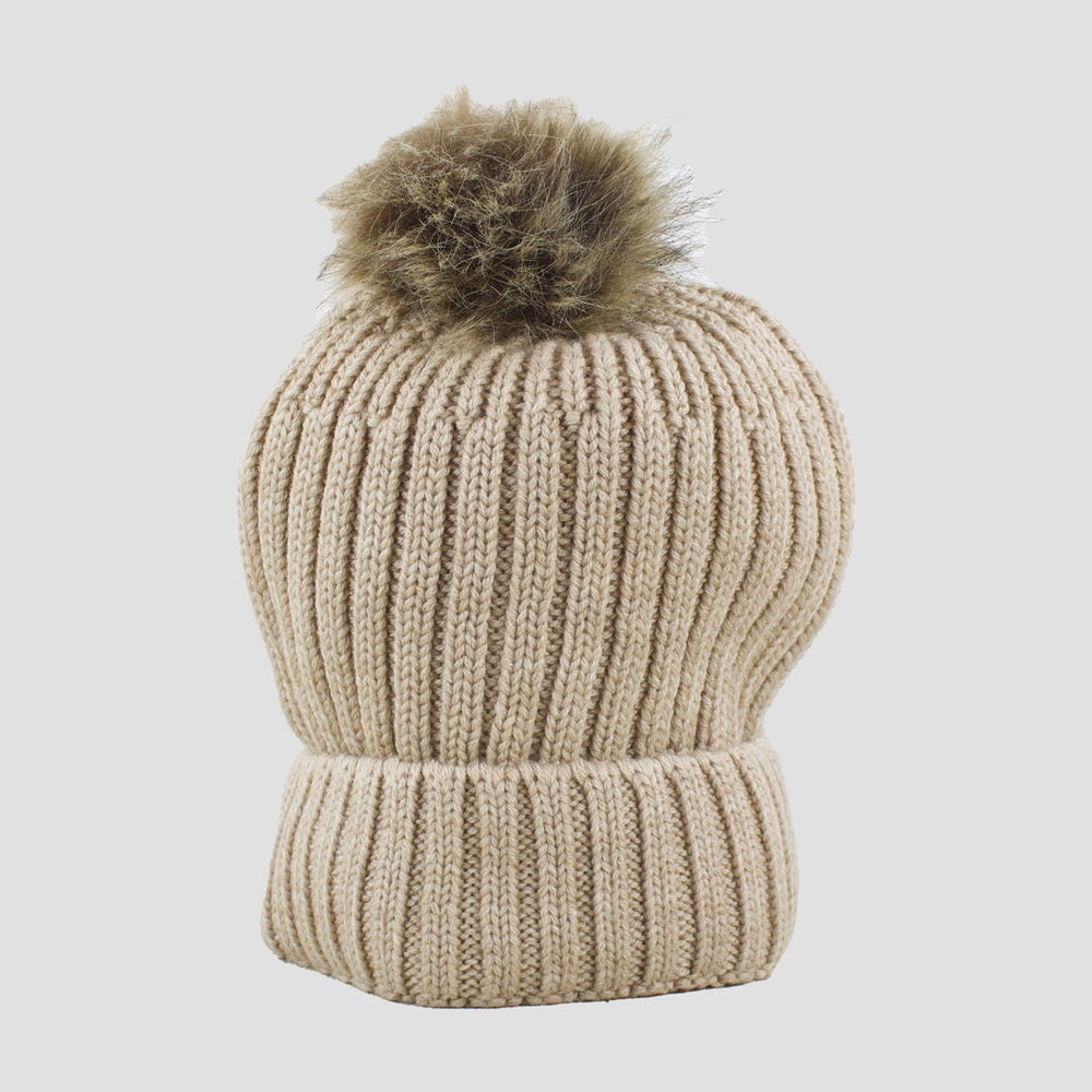 Knitted Horseshoe Gold Beige Bobble Hat