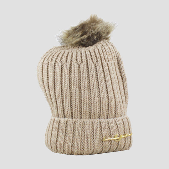 Knitted Horseshoe Gold Beige Bobble Hat