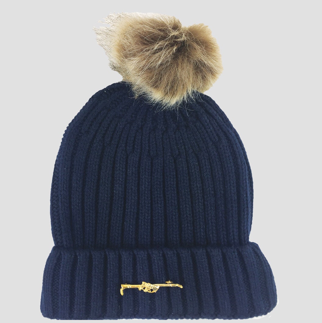 Knitted Horse Head Gold Bobble Hat Navy