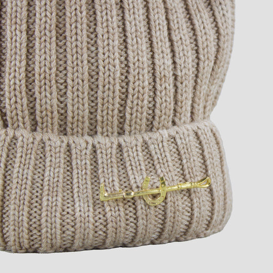 Knitted Horseshoe Gold Beige Bobble Hat