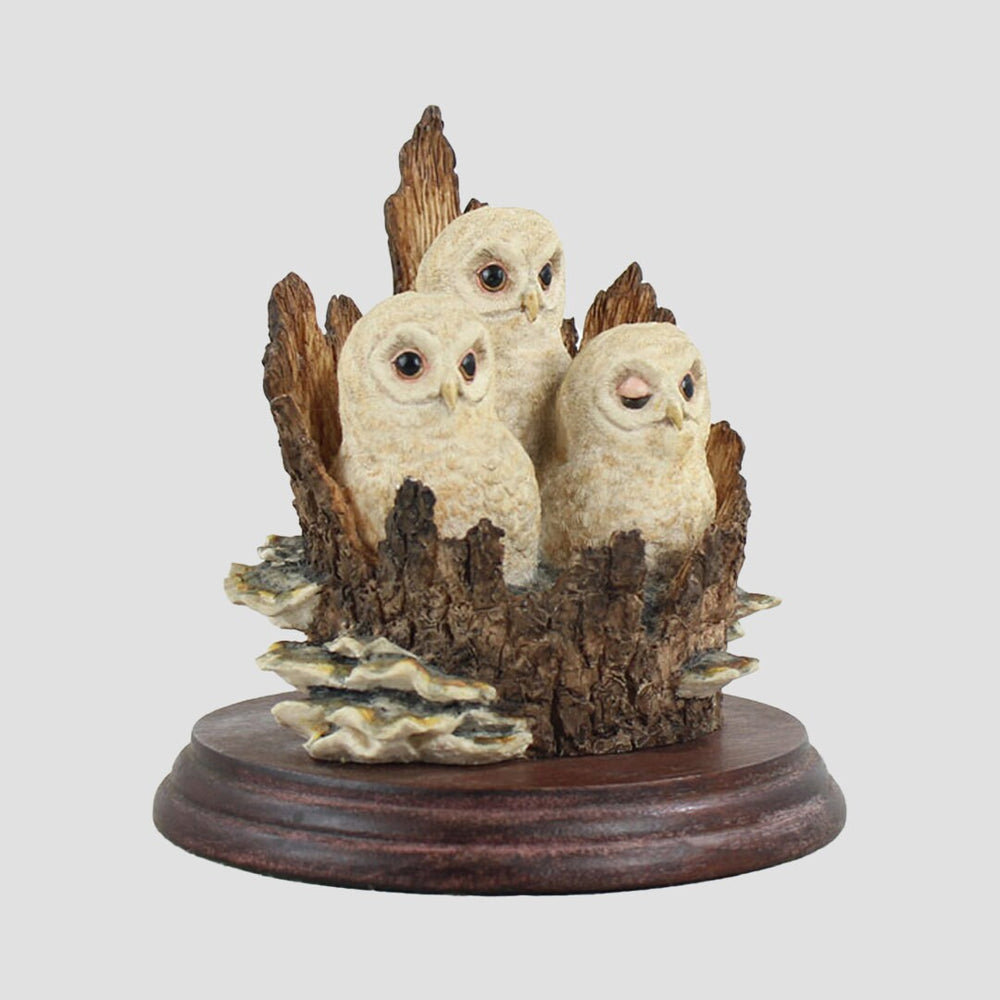 Three Owlets On A Tree Stump Nest Border Fine Arts Birds